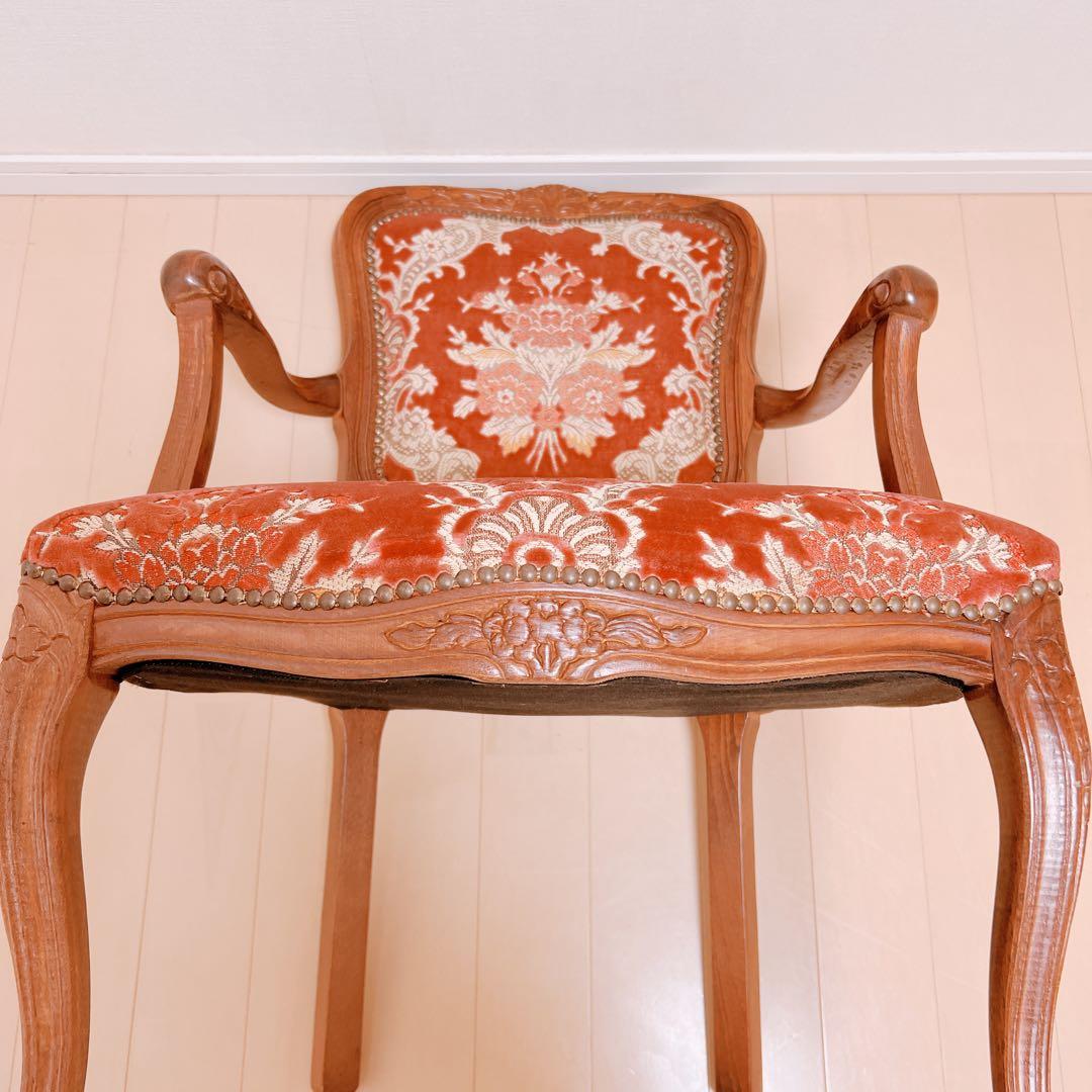 アンティークチェア　肘付き　ロココ調　猫足　ヴィンテージ　ピンク　イス　金華山張