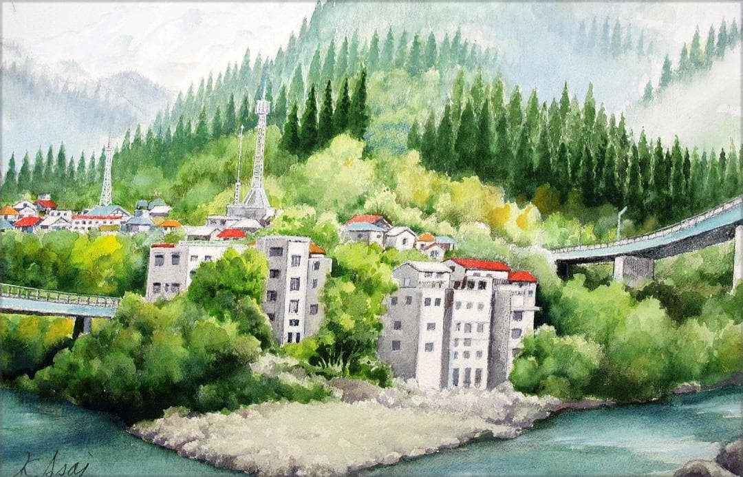 絵画「朝霧晴れて～ 飛騨川の清流」　水彩画