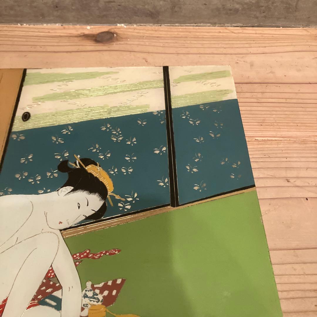 ガラス絵の浮世絵　「鈴木春信　爪切り」　美人画　時代物　骨董　インテリア