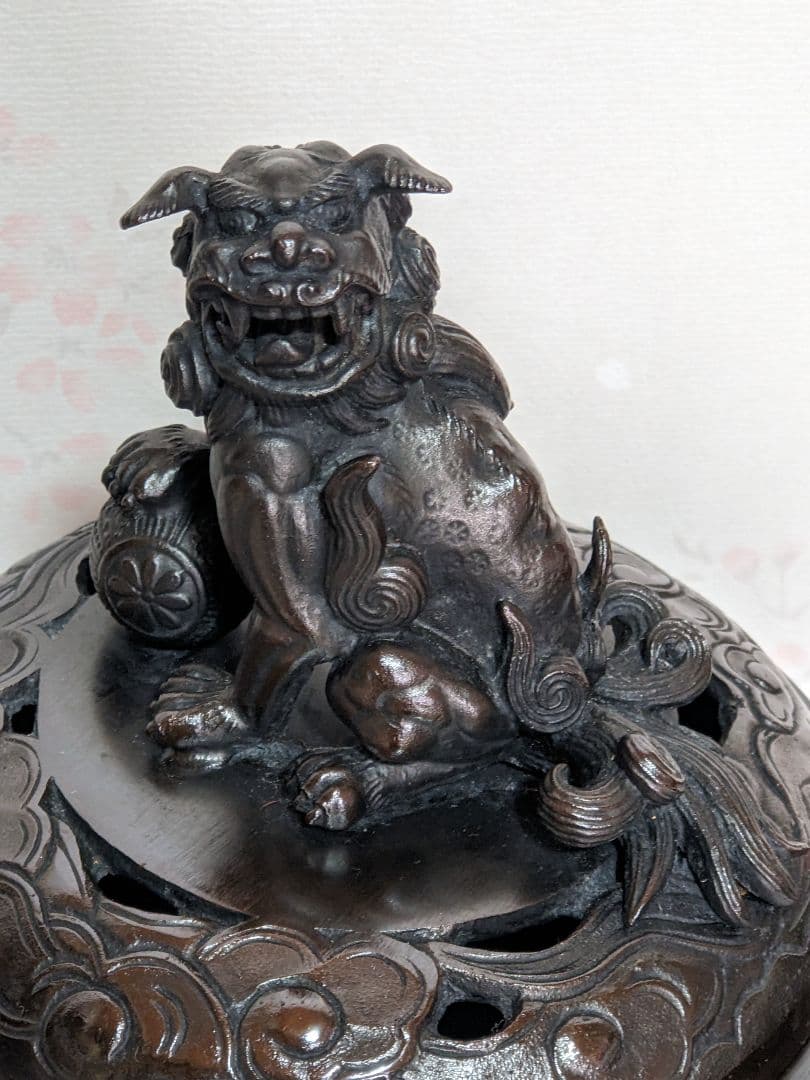♦香道具 獅子飾り 山水瓔珞紋様 龍双耳阿古柁形 大香炉 高岡銅器 高さ27cm