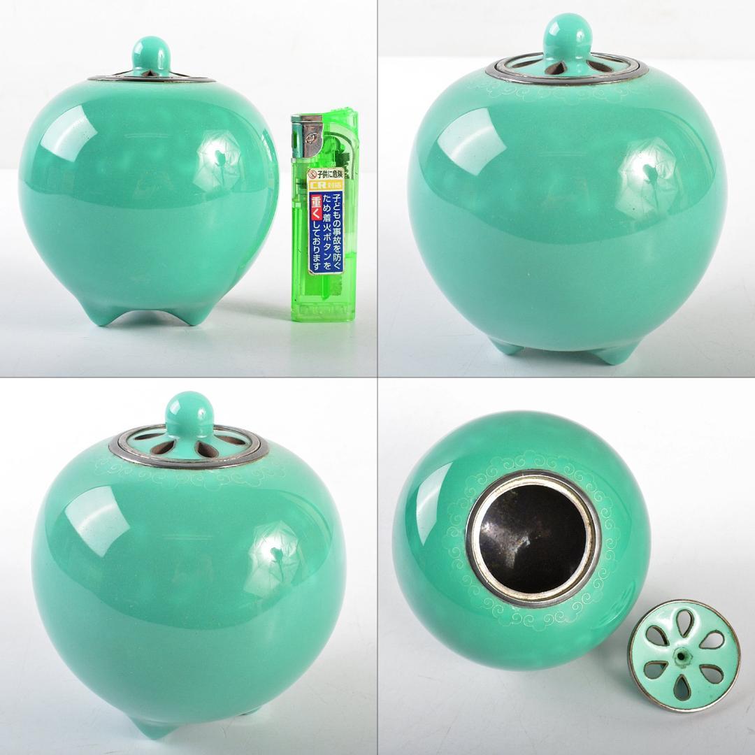 七宝焼　安藤七宝店　象嵌　青色香炉　時代箱付　F　R5554