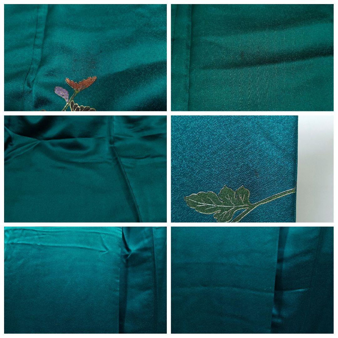 A5◆着物くつろぎ 蝶々に花模様 金彩 青緑 菊 袷 正絹 成人式 振袖 着物