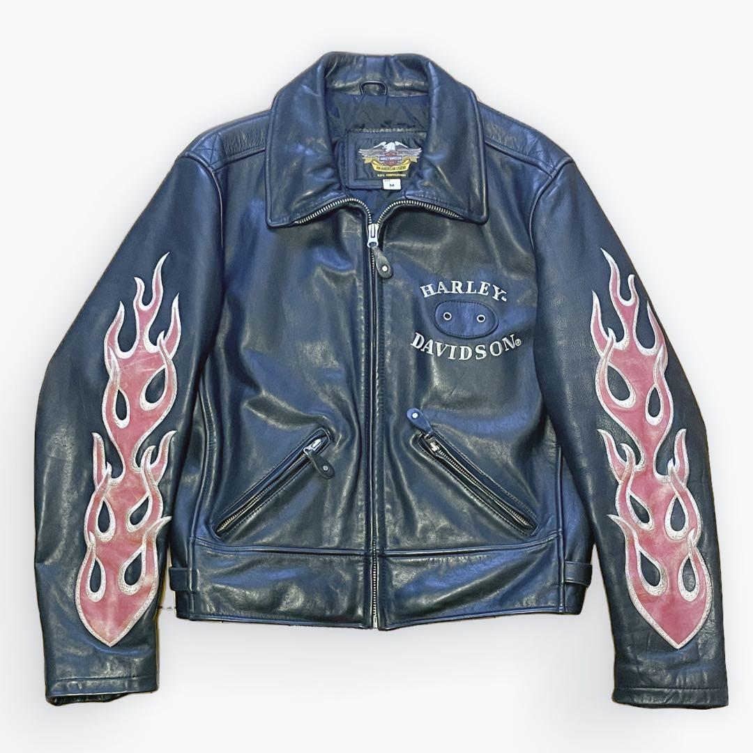【レア　人気】　ハーレー　革ジャン　レザージャケット　Mサイズ　ファイヤー　刺繍