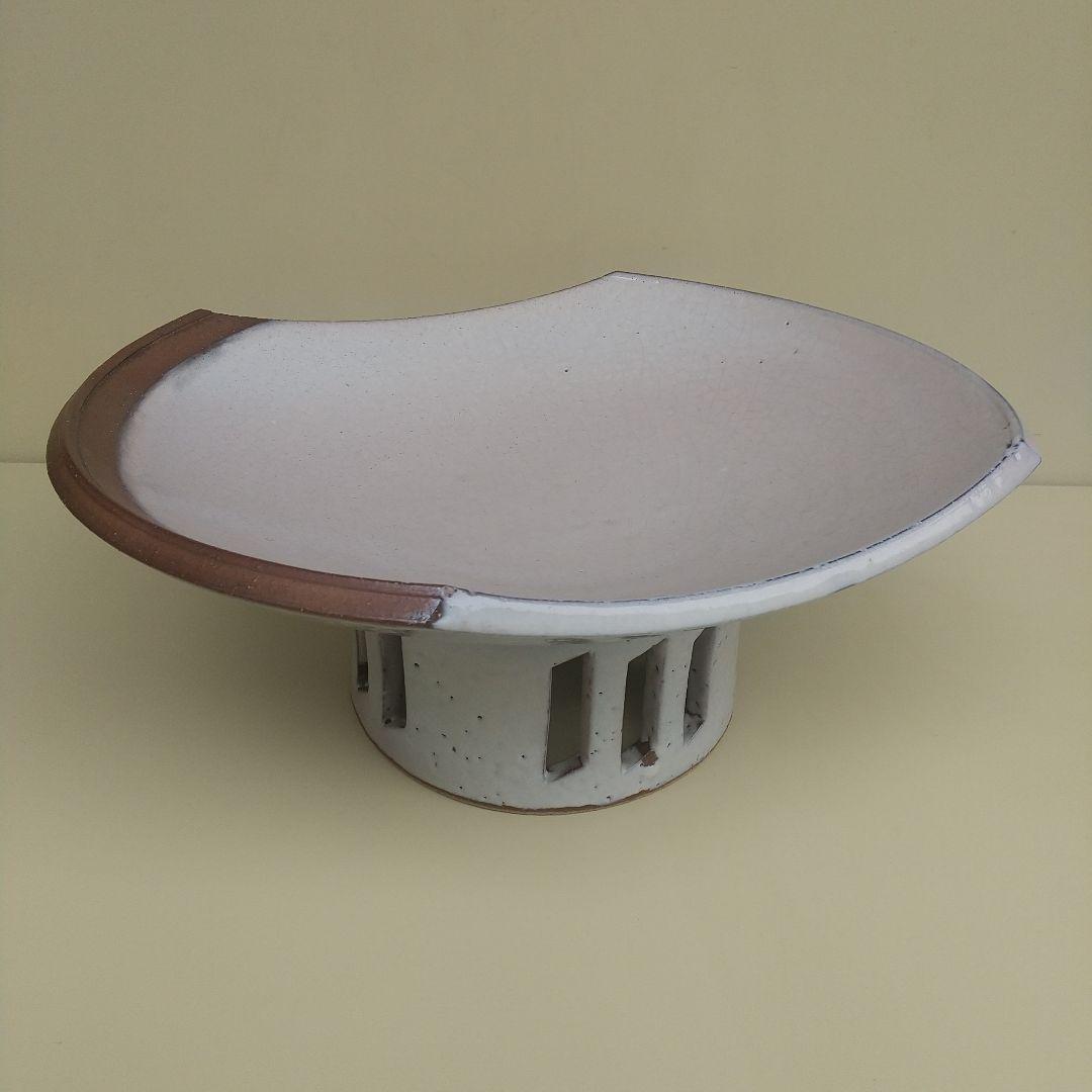 萩焼　新庄貞嗣　萩白釉台皿　長期保管品　個展カタログ付き