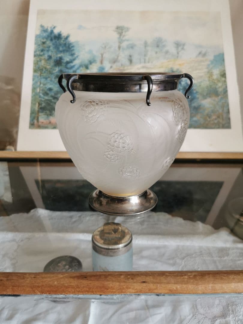 アンティーク ラリック 特注シルバー装飾台座＆口縁付 西洋花梨紋 ガラス大型花器