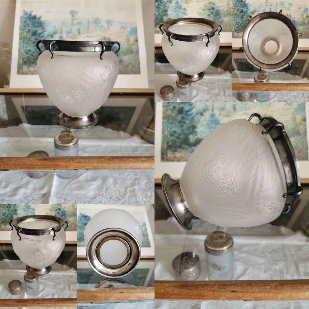 アンティーク ラリック 特注シルバー装飾台座＆口縁付 西洋花梨紋 ガラス大型花器