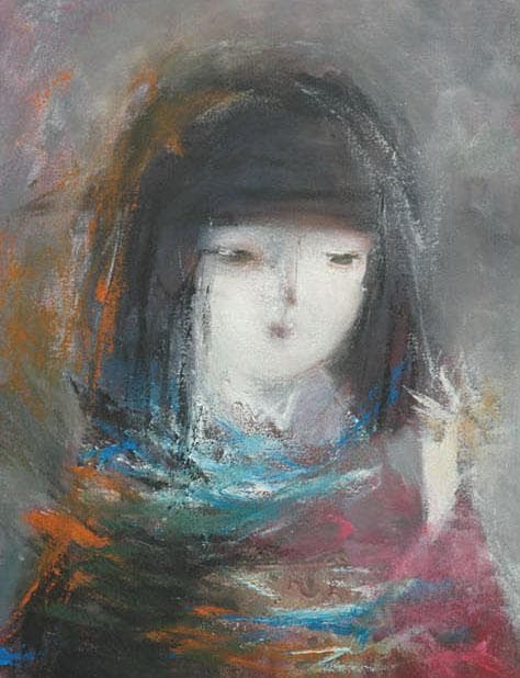 油絵 絵 絵画インテリア 額付(青緑＋金色の枠) F6-050513 人物女性像