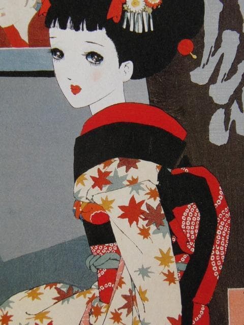 中原淳一、【娘十二ヶ月―十月・浮世絵やの娘　昭和15年】、希少な額装用画集より