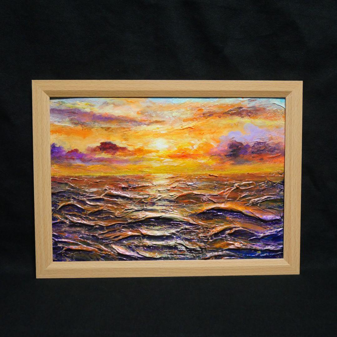 油絵 油彩 油彩画 絵 絵画【夕焼けの海】A4