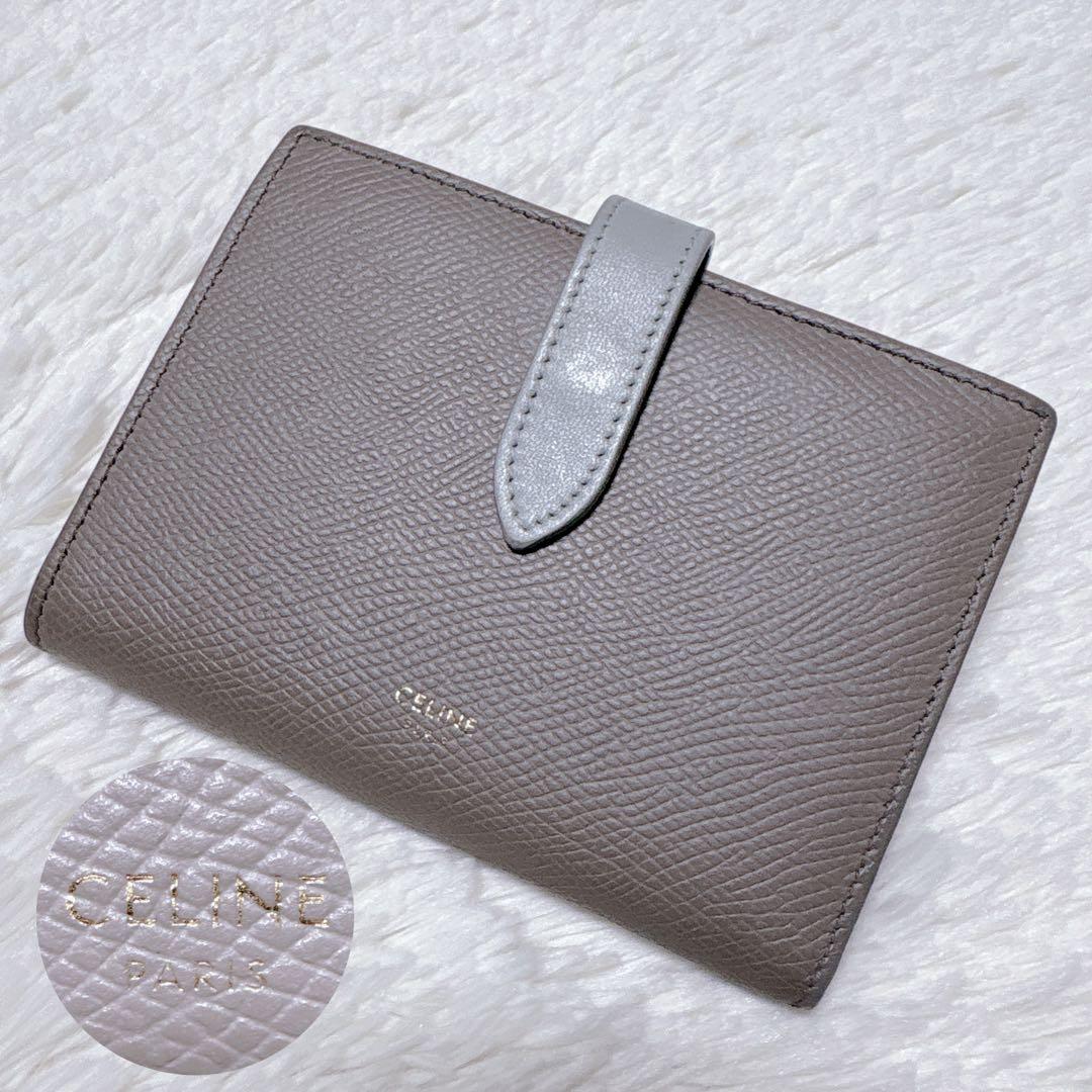 ♡美品♡セリーヌ 二つ折り財布 ミディアム ストラップ ウォレット ロゴ グレー