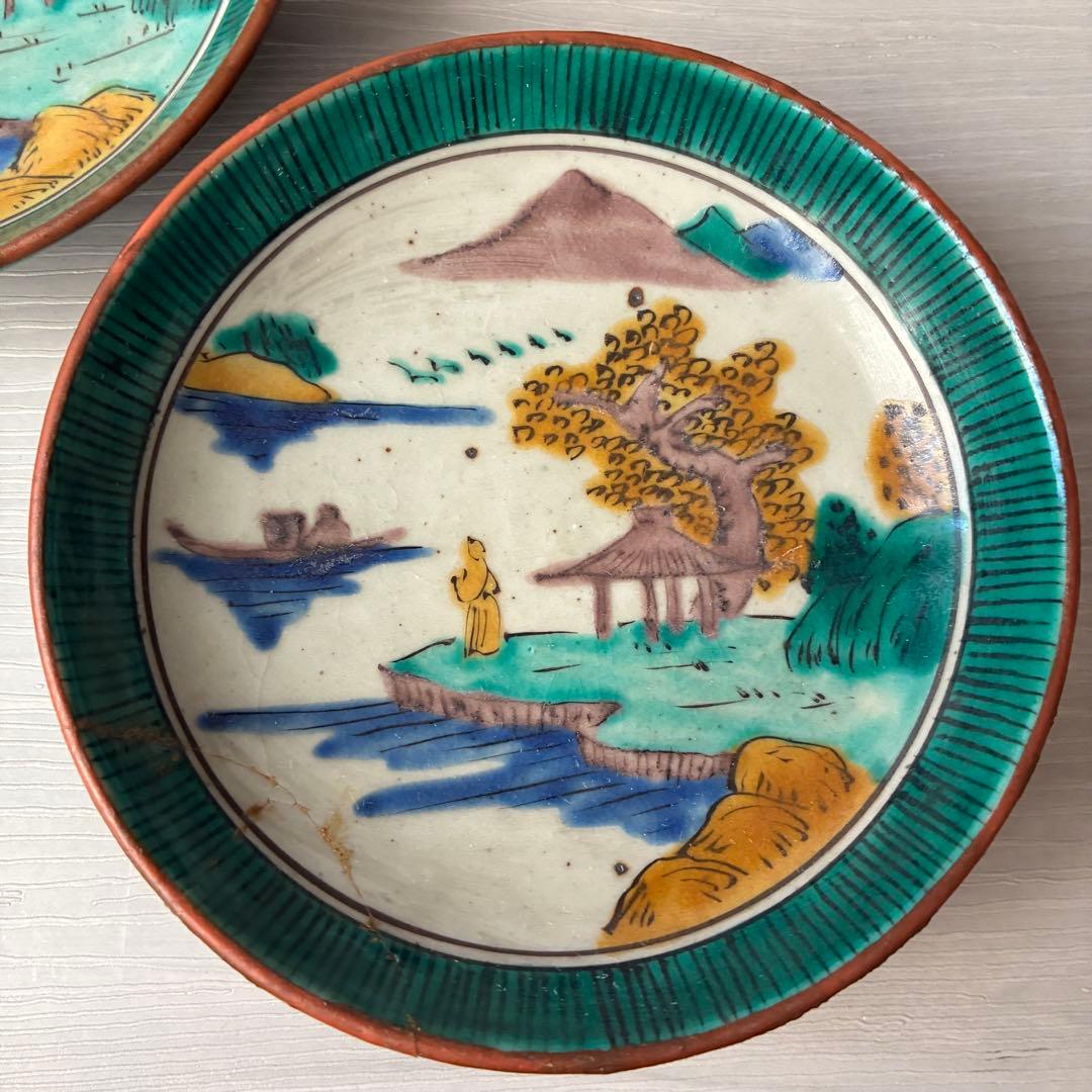 【1枚難あり】九谷焼　吉田屋窯　小皿　角福　山水　青手　年代物　共箱　和食器