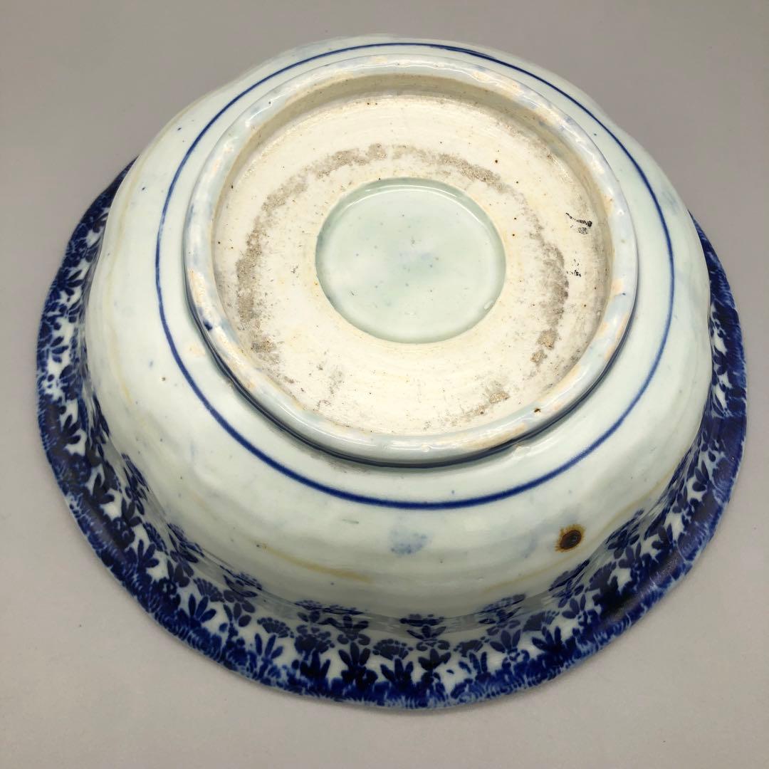 明治時代古伊万里渦巻き花微塵唐草文様ベロ藍印判手鉢ボウル26cm伊万里焼骨董品