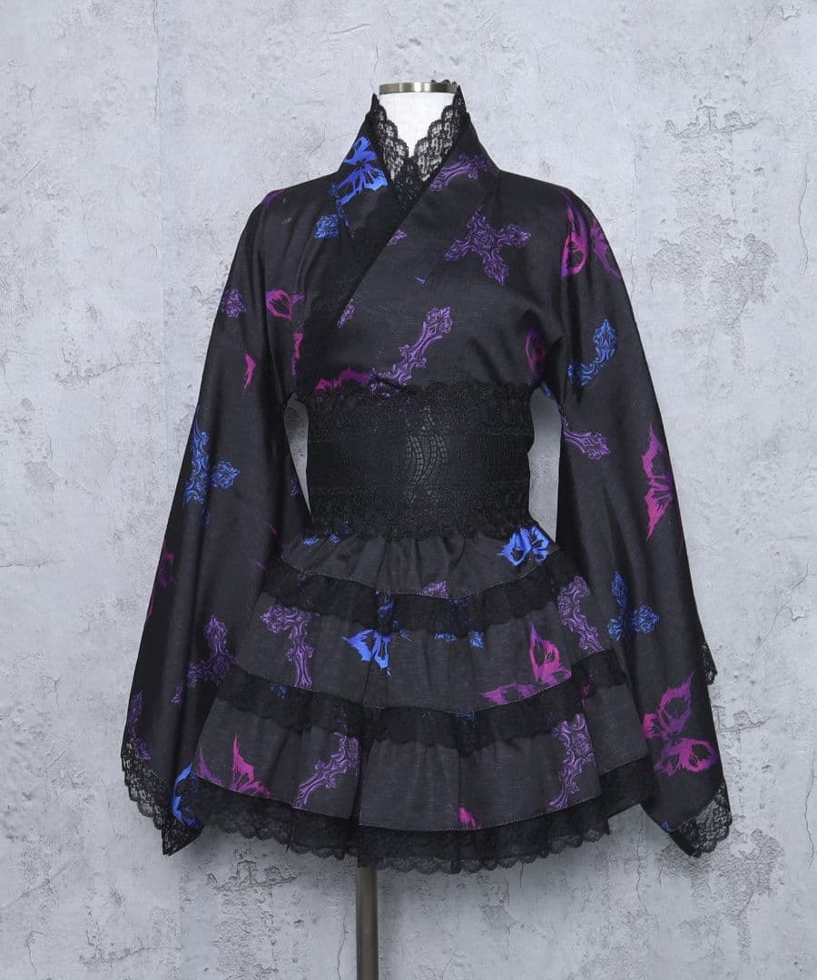 amilige クロス蝶々総柄 浴衣ワンピース＋帯セット ブラック×ブルー