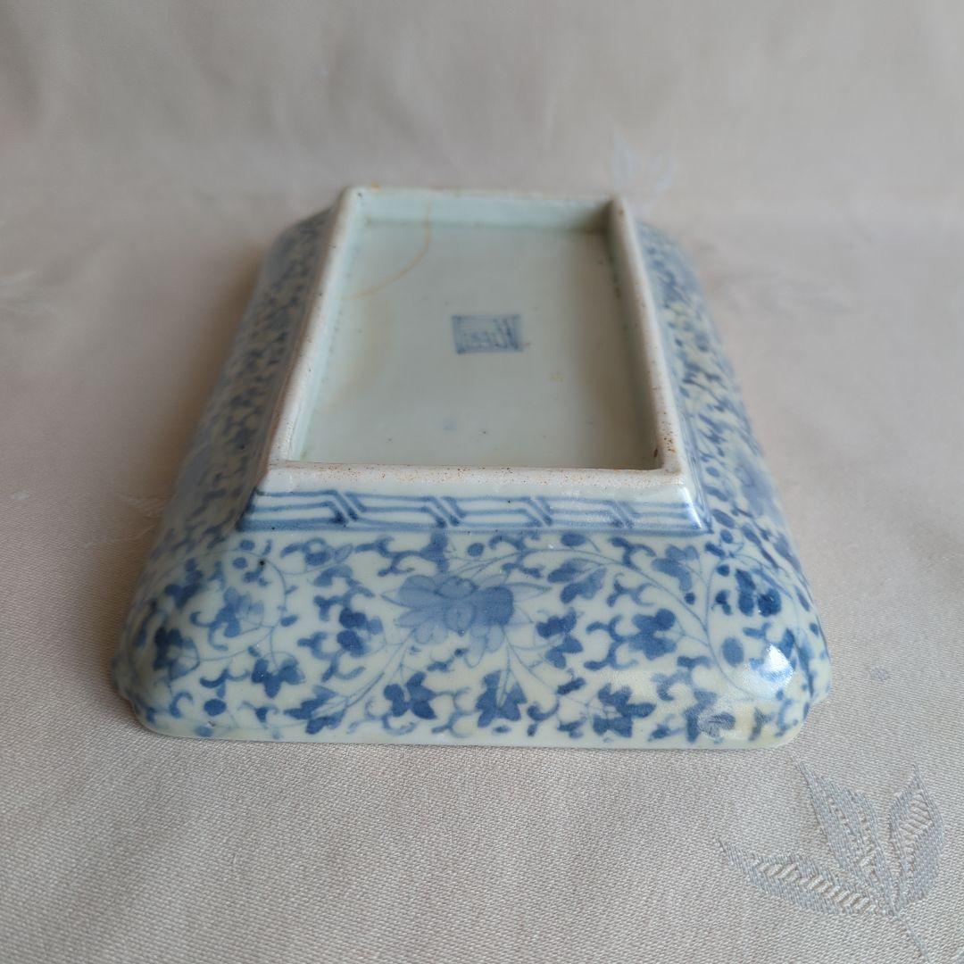 古伊万里 花唐草に松竹梅図 二重角福銘 江戸中期 角皿