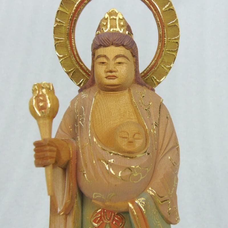 中間決算大特価優しいお顔★桧材 子安鬼子母神3.5寸 淡彩色★約21.5cm