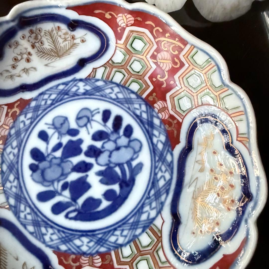 超限定2日20時迄❣旧家蔵出江戸期最上手牡丹と亀甲❌松竹梅大聖寺伊万里小皿5客