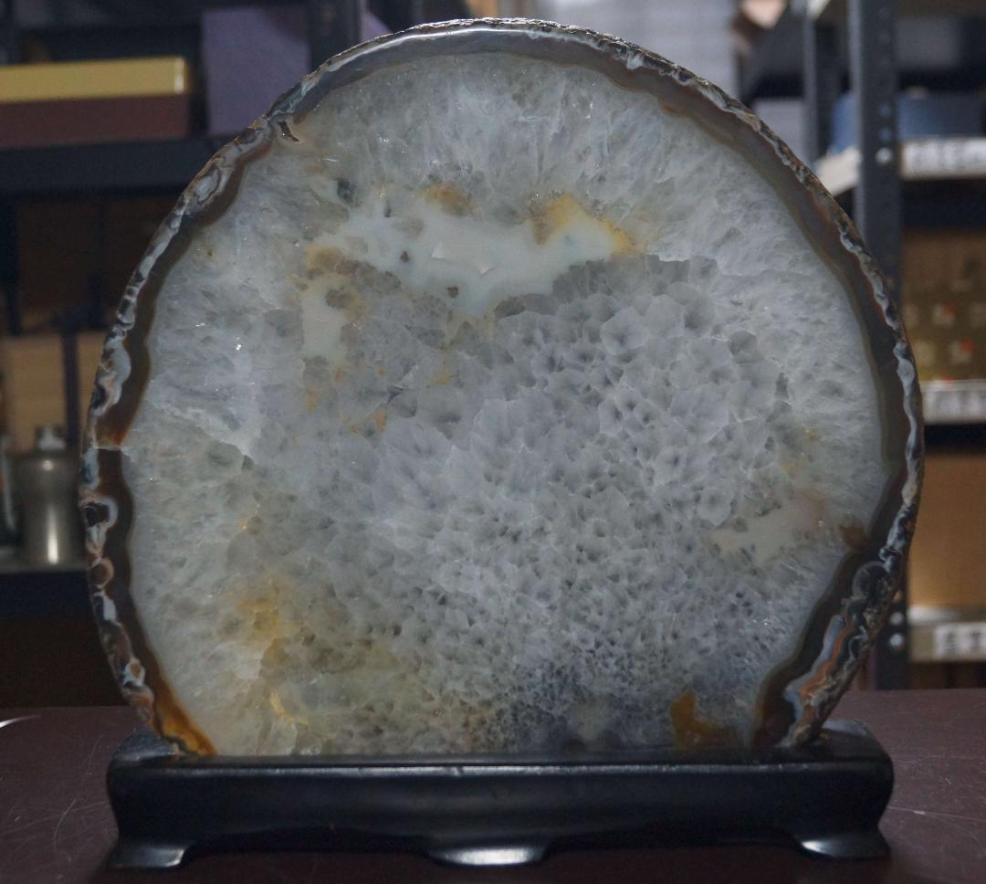 大型瑪瑙メノウ原石置物 アゲート開運 美しい石目 重さ8.2㎏木製台付★時代物★