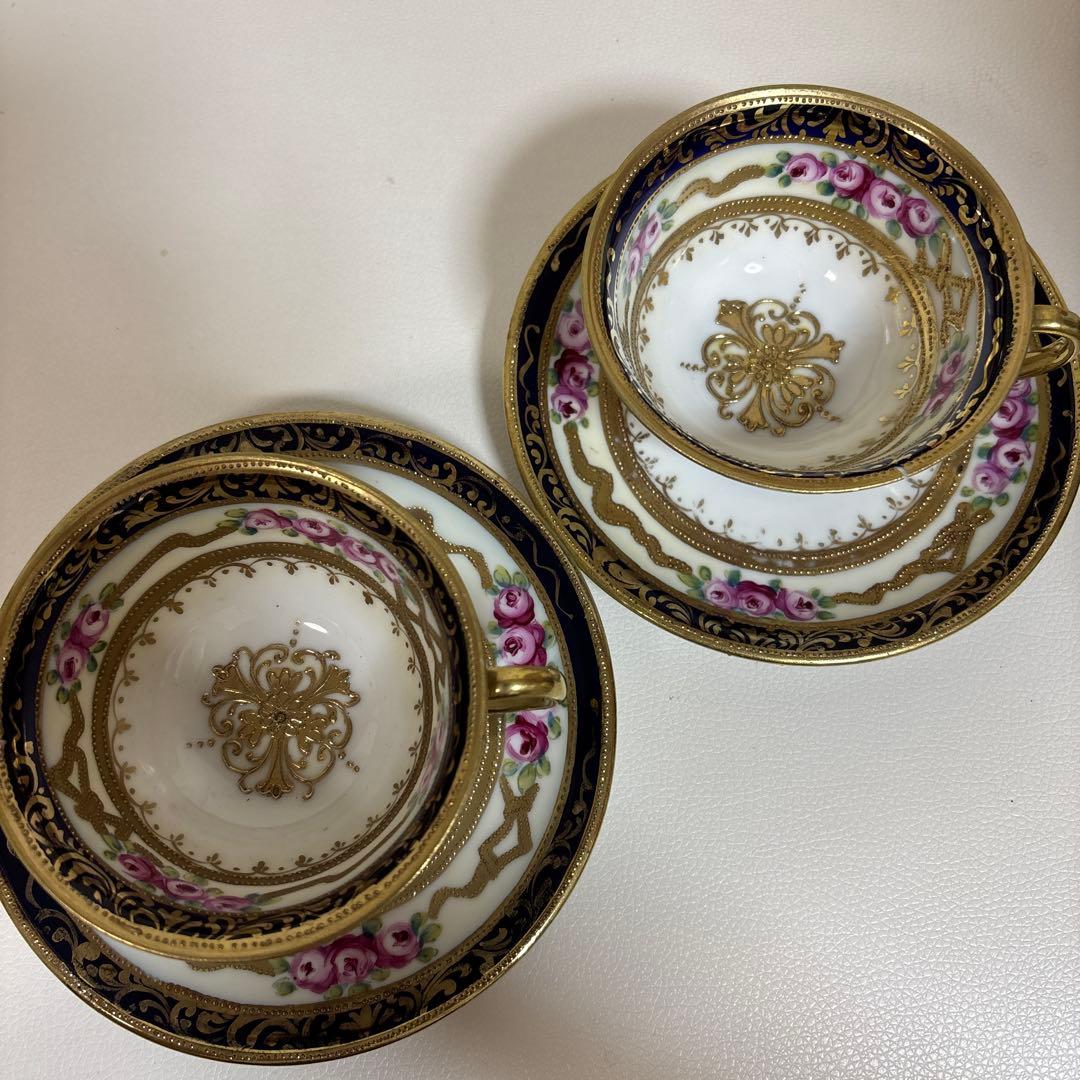 オールドノリタケ 金盛上・コバルト薔薇図紋　カップソーサー2客セット
