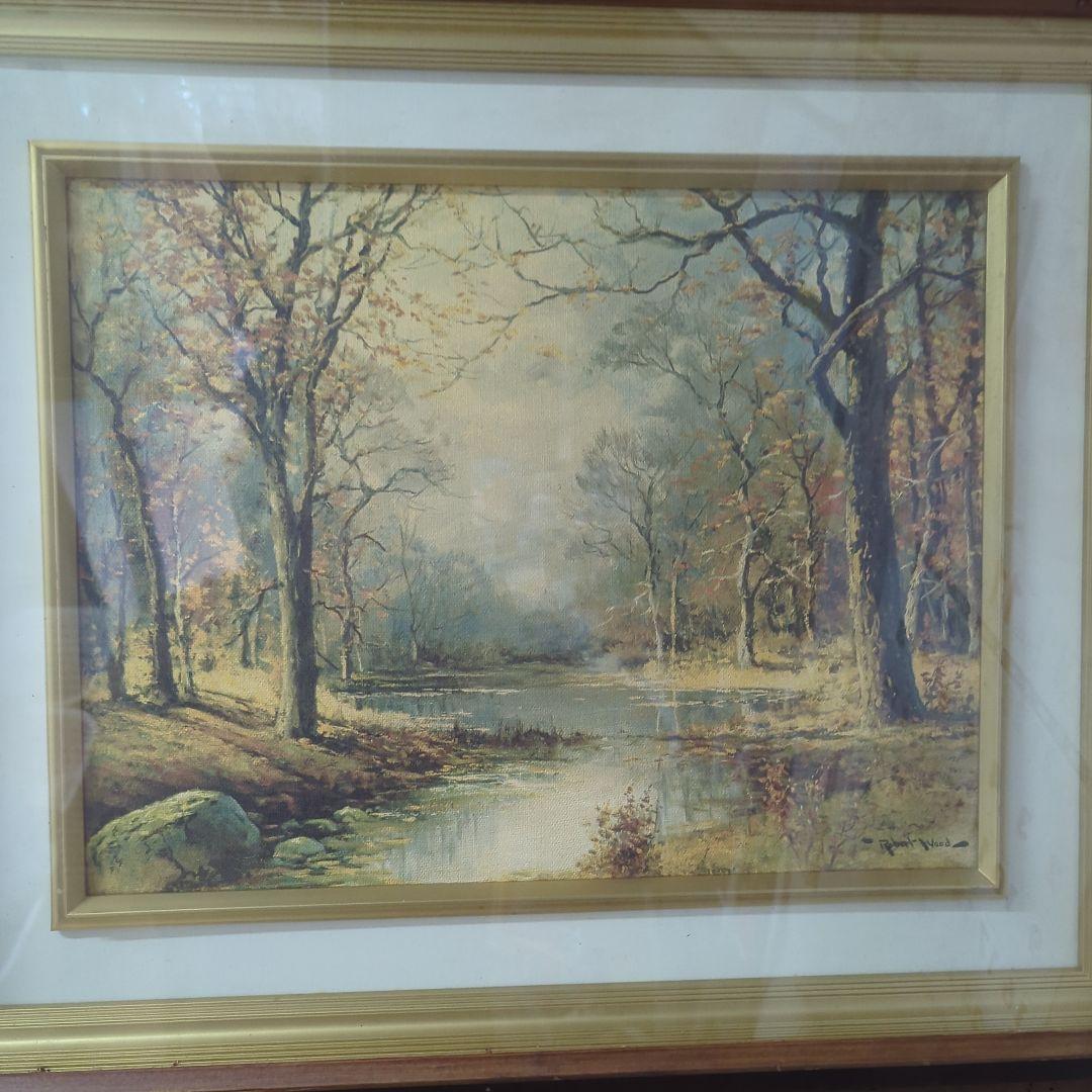 秋の風景画 水彩画 木製フレーム付き