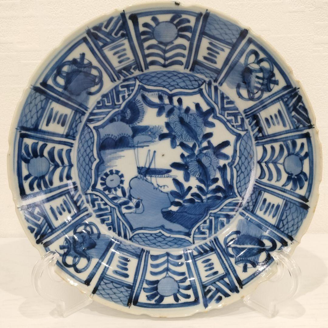 u348-6　中国 清朝期 古染付 芙蓉手 飛蝗文大皿 時代唐物　Q