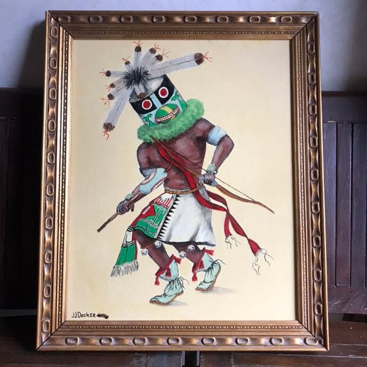 希少品！1970年代　カチナ精霊ダンスの油彩　ヴィンテージネイティブアメリカン