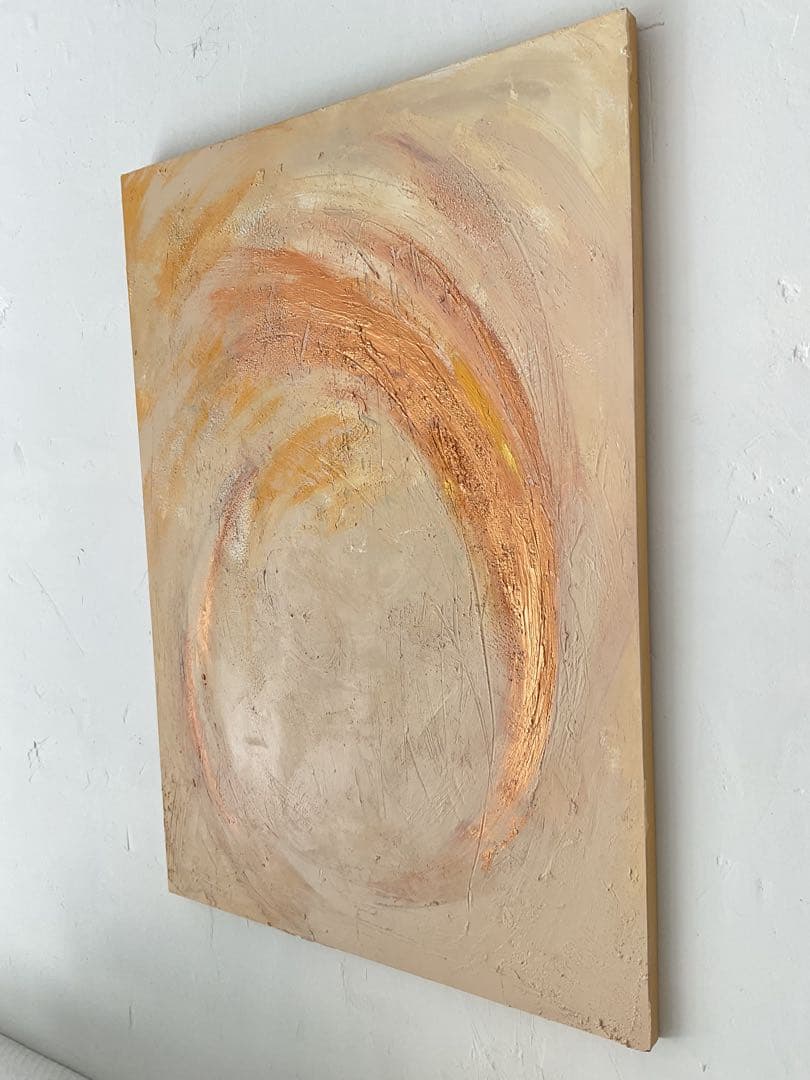 木製ベニヤパネルに描いたオリジナル抽象画オーバルシリーズ ベージュ系×ゴールド