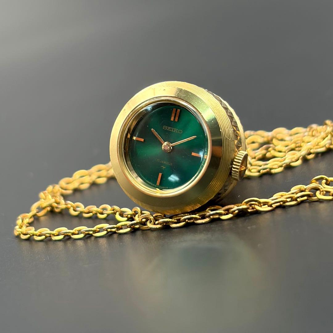 希少 SEIKO / セイコー 手巻き ペンダントウォッチ ゴールド×グリーン