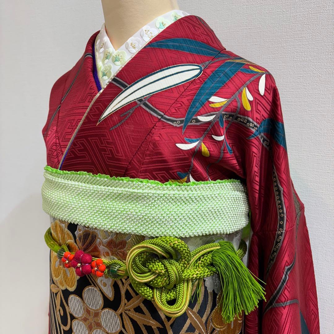 振袖フルセット　7点セット　赤　長襦袢付き　成人式　前撮り　f3