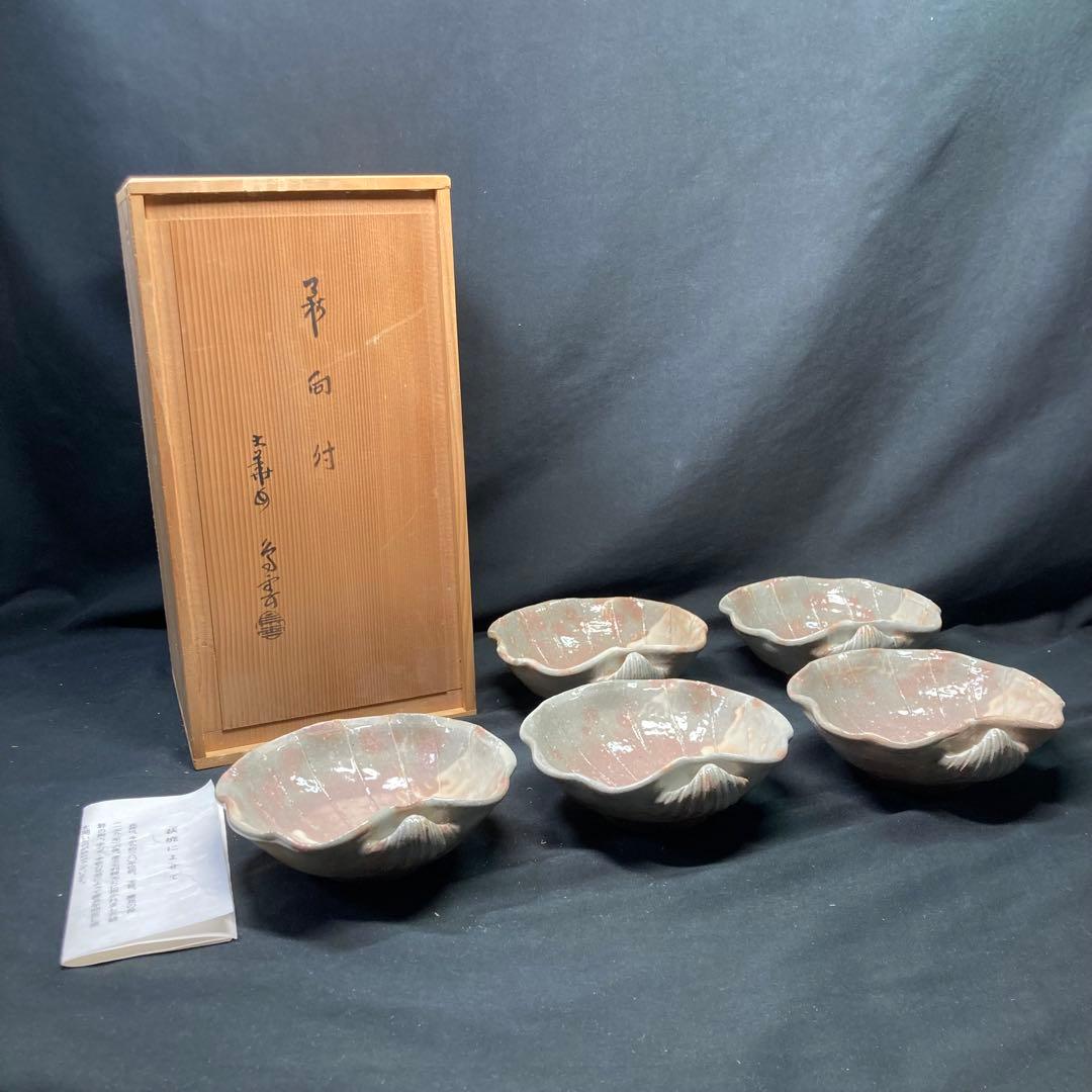 【新品未使用】萩焼 大華山島雲 納富島雲 向付碗 5揃 貝型