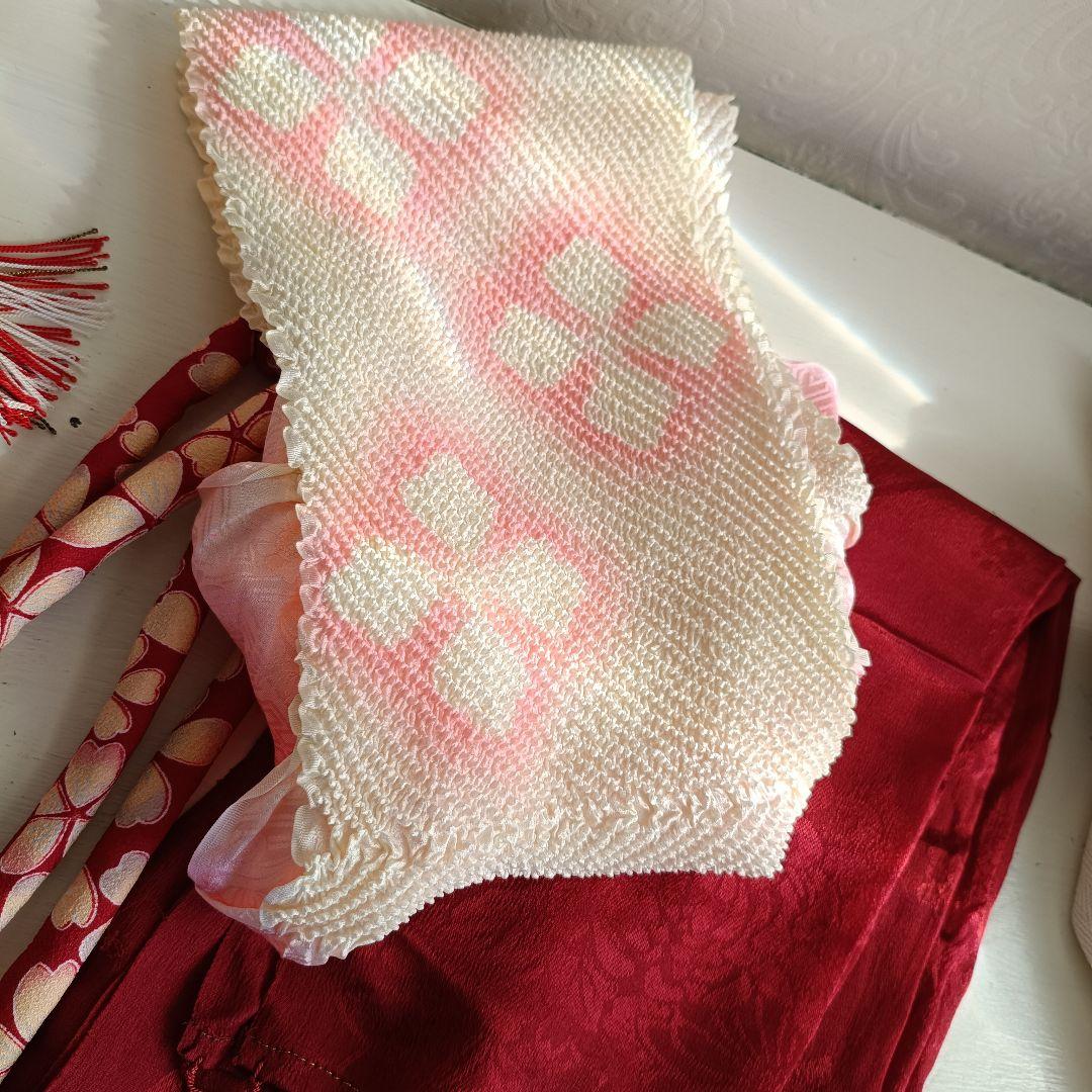 新品☆クリーム色に大きな椿の花模様が素敵な着物に作り帯☆七五三フルセット