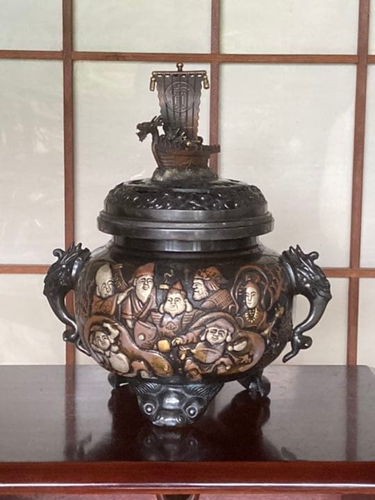 大型七福神銅香炉共箱付 銅器 アンティーク 骨董 高岡 仏具