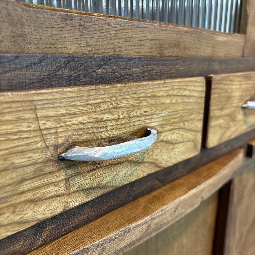 木製食器棚 アンティーク家具 波ガラス レトロ　ラック