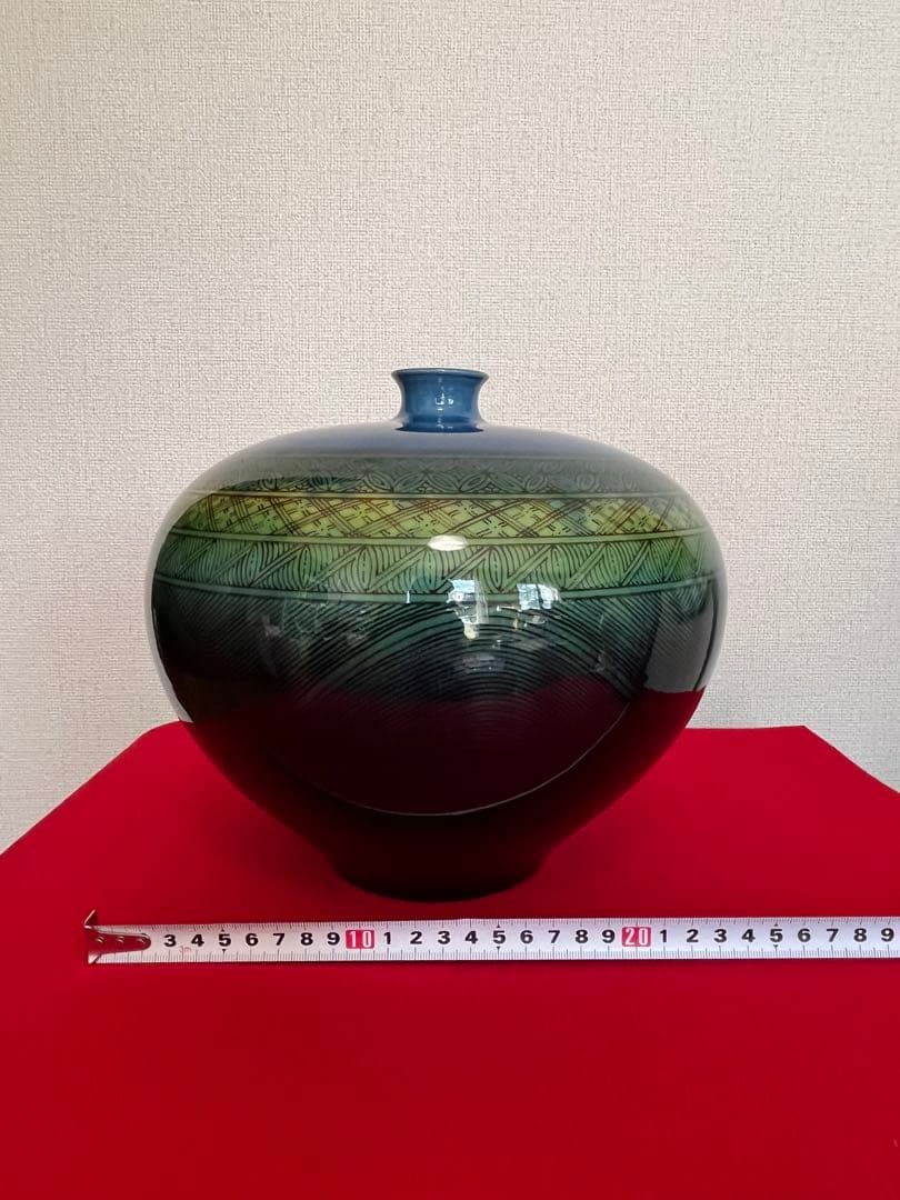 【大型】人間国宝 三代 徳田八十吉（正彦銘）碧明釉 小紋壺 管理T291