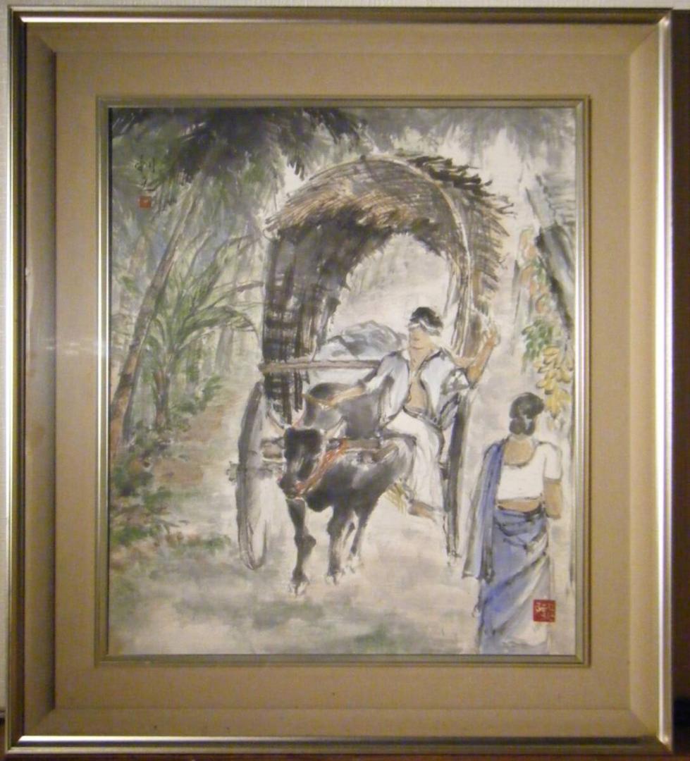 【真作】絵画　利之銘　日本画10号　牛車　逸品　S132