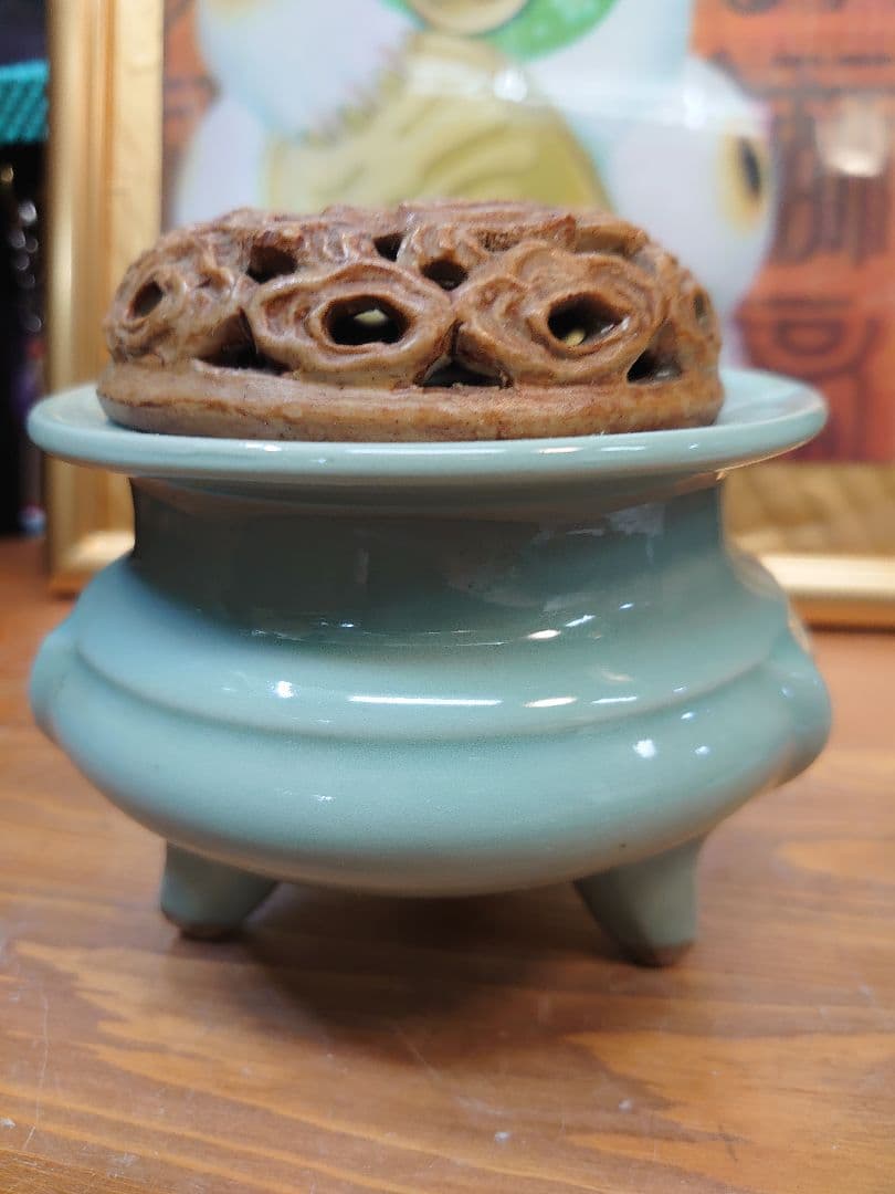 開運 龍 龍神 唐 青磁 雲龍火舎 香炉 骨董品【冨田 輝山作】