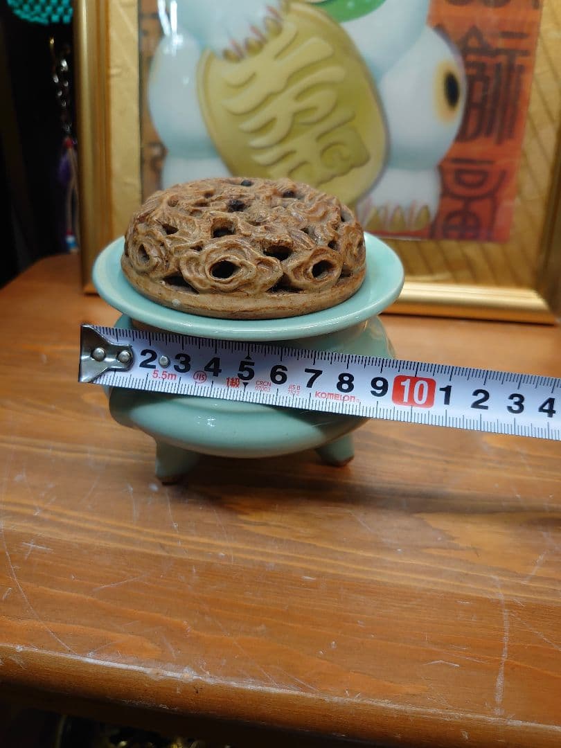 開運 龍 龍神 唐 青磁 雲龍火舎 香炉 骨董品【冨田 輝山作】