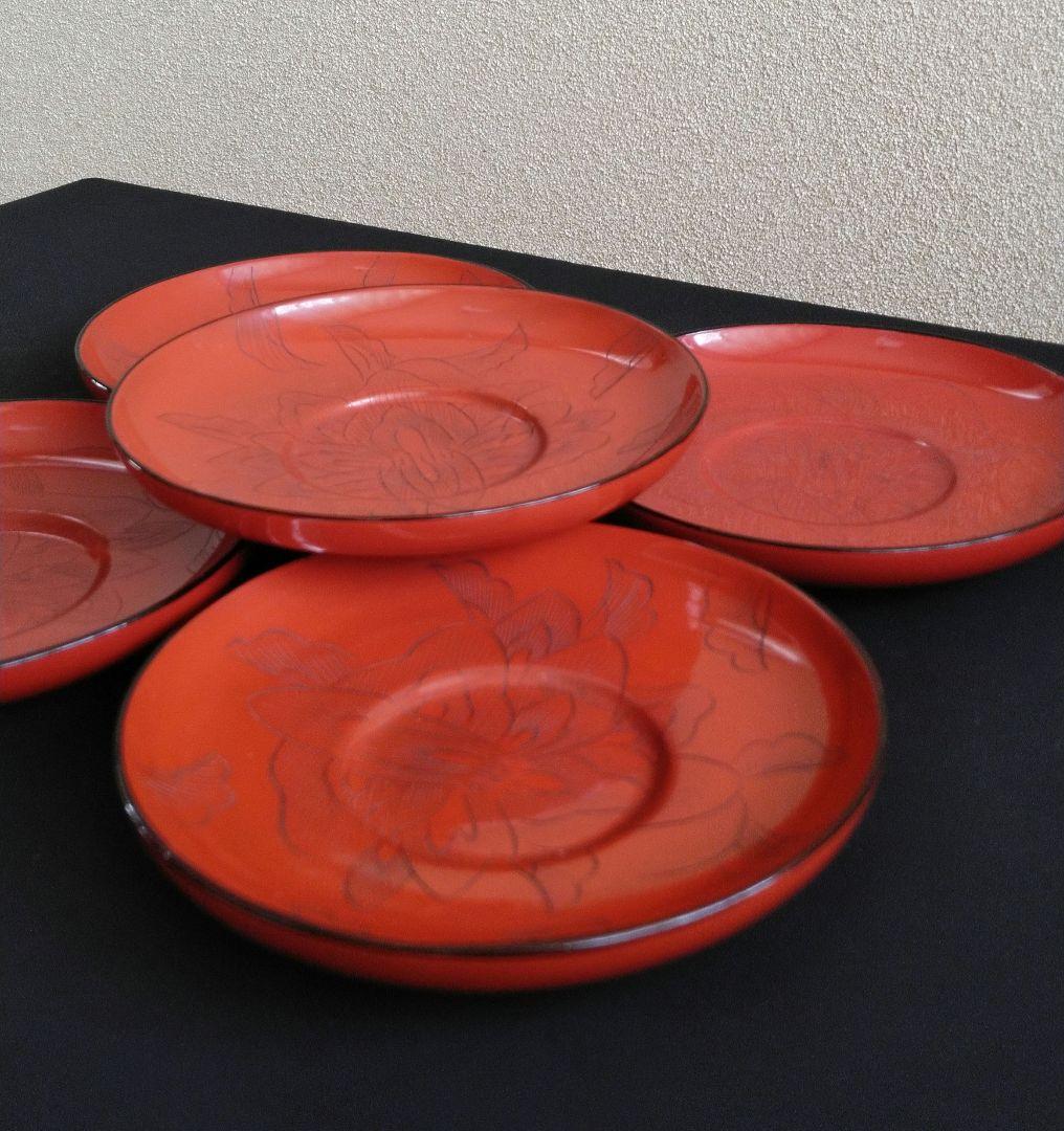 輪島塗 朱塗り 漆器 茶托 5客