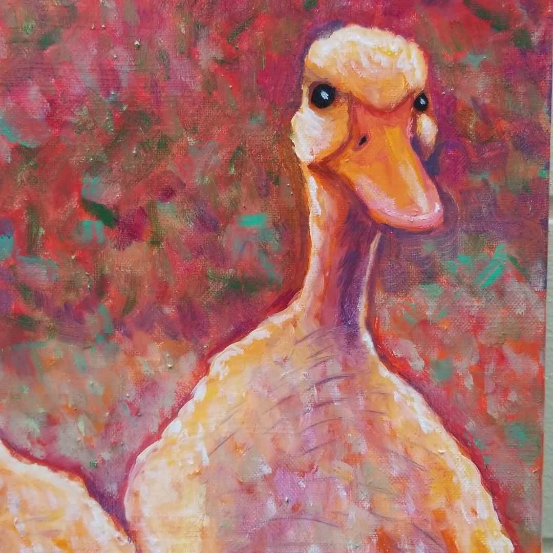 油絵　専用　夕方　寄りそって帰るアヒルの恋人たち
