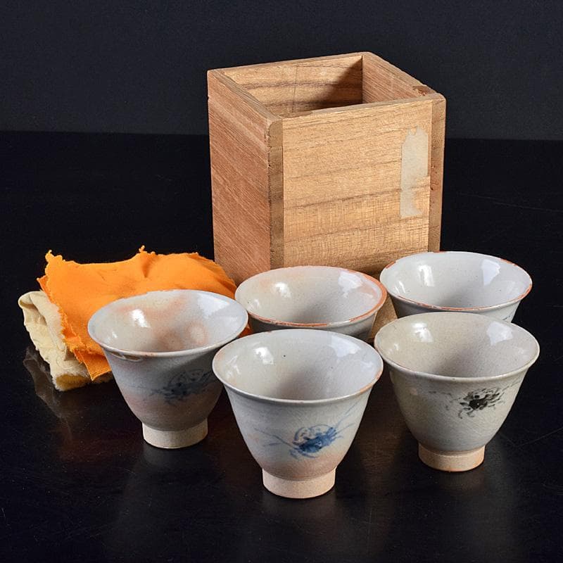 煎茶道具　虫明焼　蟹文　煎茶碗　五客　箱蓋無し　V　R8756