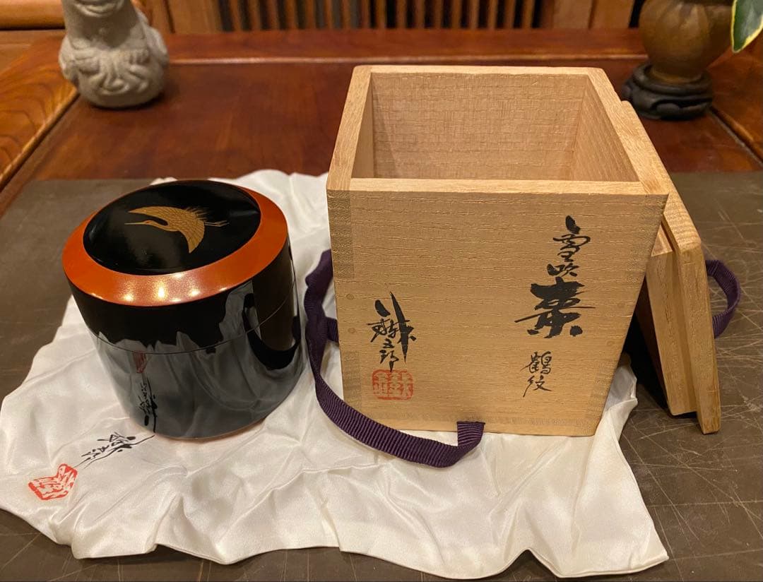 輪島塗　棗　蒔絵・鶴紋　鈴谷鐵五郎作 茶道具・ヴィンテージ　レア