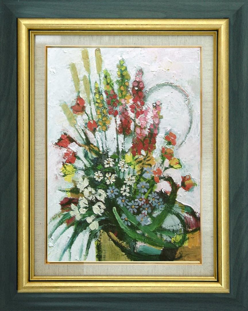 油絵 菅家令子 絵 絵画インテリア 額付(青緑＋金色の枠)uF6-111202花