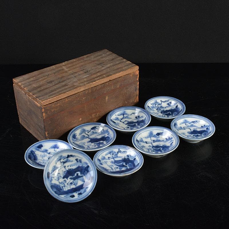 伊万里焼　古伊万里　染付　山水文　盛塩皿　小皿　八客　時代箱　V　R6377