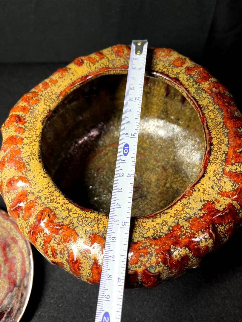 陶器 建水 鎌田幸ニ? 耀変油盃印銘「幸」赤金釉滴 天目 水指 茶道具 工芸品