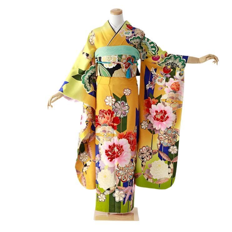 振袖 身長158-173cm 黄 矢絣 牡丹 松竹梅 正絹