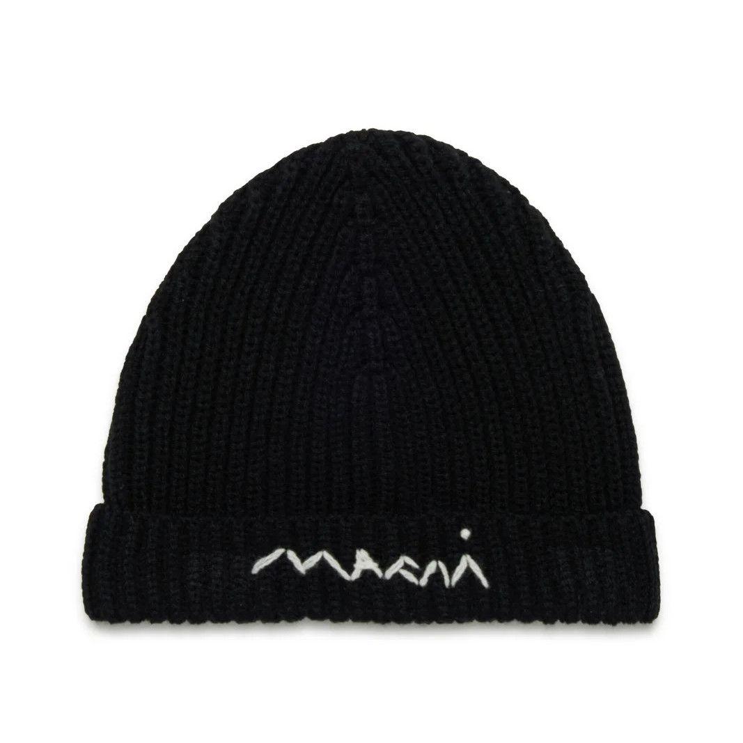 大人もOK! Marni マルニ 刺繍ロゴ リブ ニット帽 ニットキャップ BK