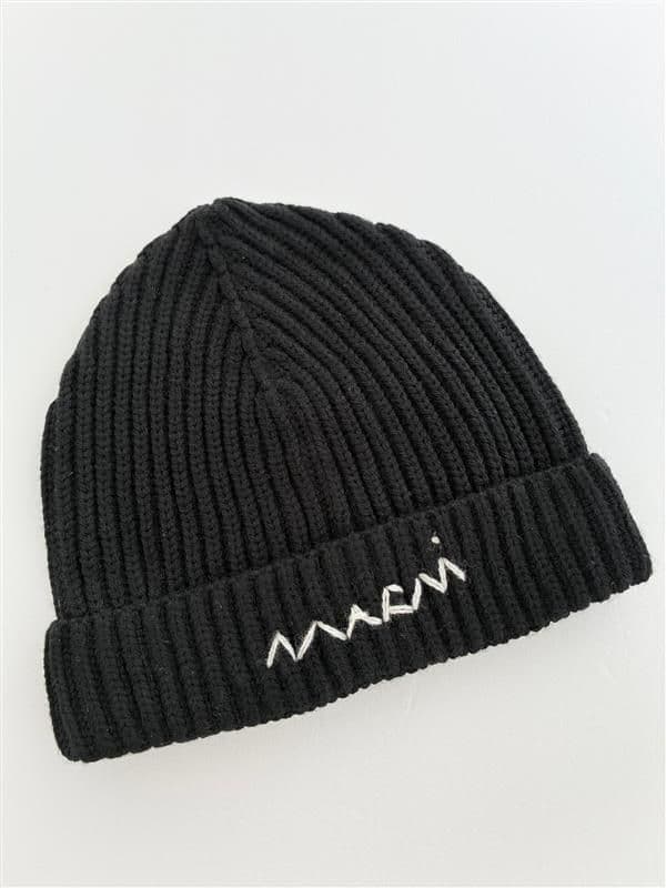 大人もOK! Marni マルニ 刺繍ロゴ リブ ニット帽 ニットキャップ BK