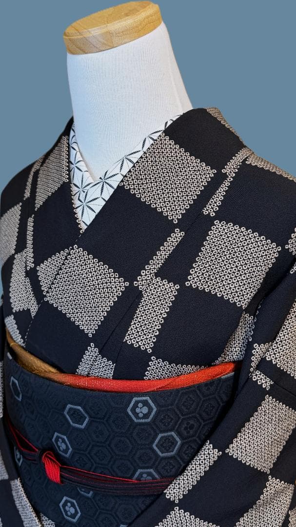 専用:着物５　嵐山よしむら　市松柄袷着物　こげ茶　正絹　身丈１６８裄丈６８