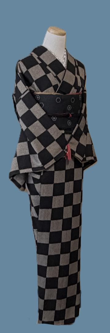 専用:着物５　嵐山よしむら　市松柄袷着物　こげ茶　正絹　身丈１６８裄丈６８