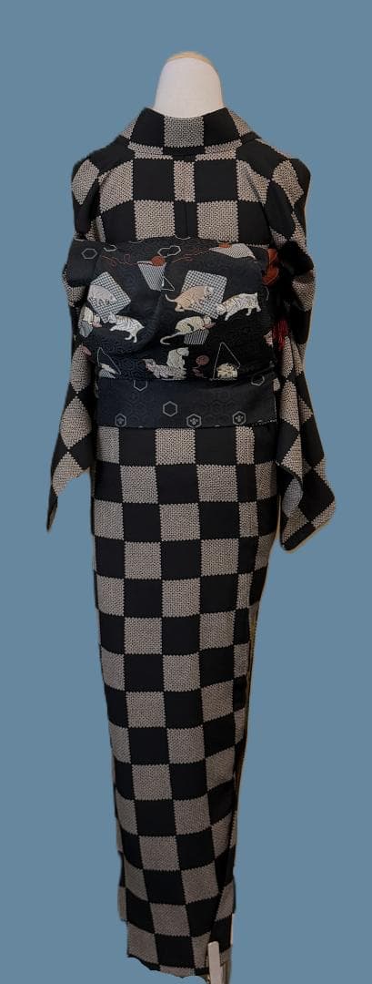 専用:着物５　嵐山よしむら　市松柄袷着物　こげ茶　正絹　身丈１６８裄丈６８