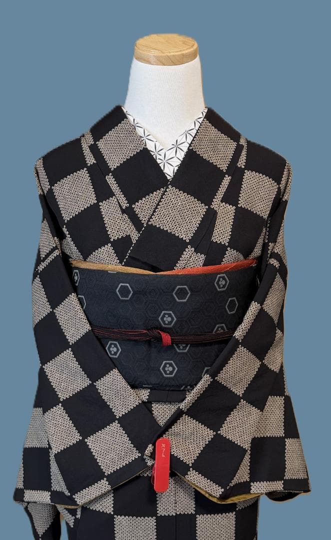 専用:着物５　嵐山よしむら　市松柄袷着物　こげ茶　正絹　身丈１６８裄丈６８